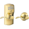 Schlage FE575CAM505ACC Keypad Lever with Camelot Trim and Accent Lever with Auto Lock, Bright Brass