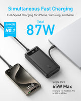 Anker Power Bank (20K, 87W, Built-In USB-C Cable) - side view | Silarius