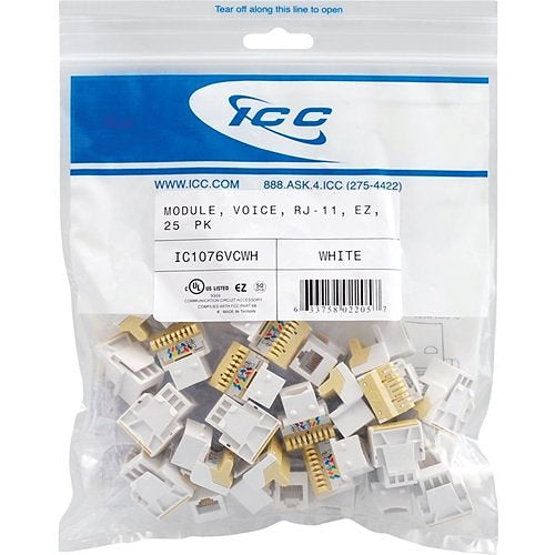 ICC IC1076VCWH Voice RJ11 Keystone Jack, EZ Style, 25-Pack, White