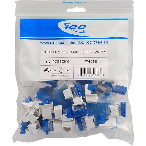 ICC IC107E5CWH CAT5e RJ45 Keystone Jack, EZ Style, 25-Pack, White