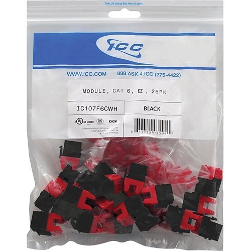 ICC IC107L6CBK CAT6 RJ45 Keystone Jack for EZ Style, 25-Pack, Black