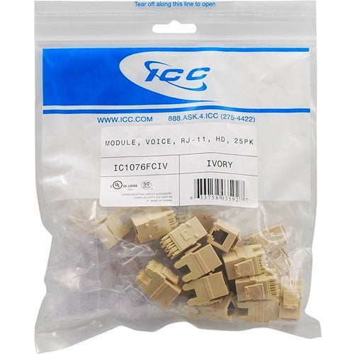 ICC IC1076FCIV HD RJ-11 Keystone Jacks, 25-Pk, White
