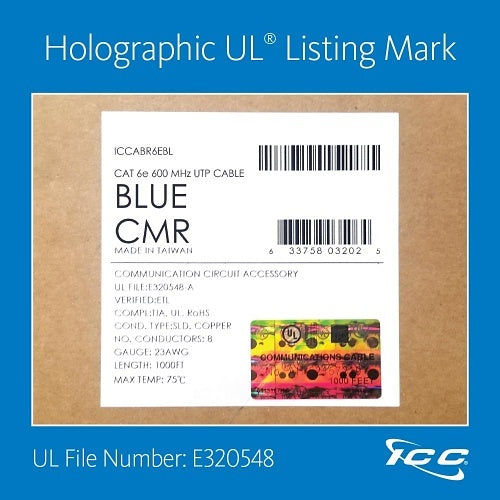ICC ICCABR6EBL CAT6e CMR Riser 23AWG 100% Solid Pure Copper Unshielded Bulk Ethernet Cable, UTP, PoE++, 600 MHz, UL Certified, 1000' Reelex Pull Box, Blue