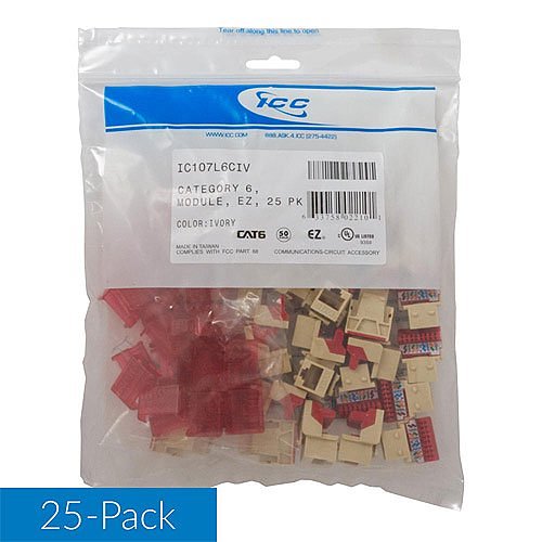 ICC IC107L6CIV CAT6 RJ45 Keystone Jack for EZ Style, 25-Pack, Ivory