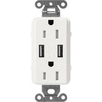 Lutron SCR-15-UBTR-RW Claro 15A Tamper Resistant USB-A Duplex Receptacle; Decorator-Style Outlet; Self-Testing; Satin Finish; Architectural White