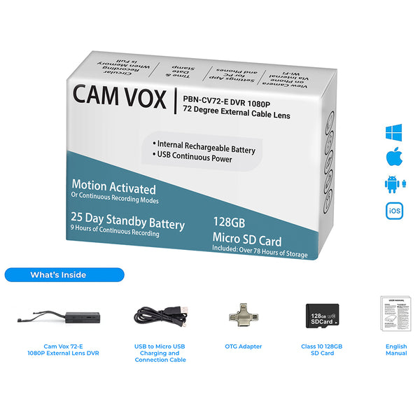 PBN-TECH CV72E Cam-Vox 72-External 1080P 128GB DVR – 9 Hours Continuous