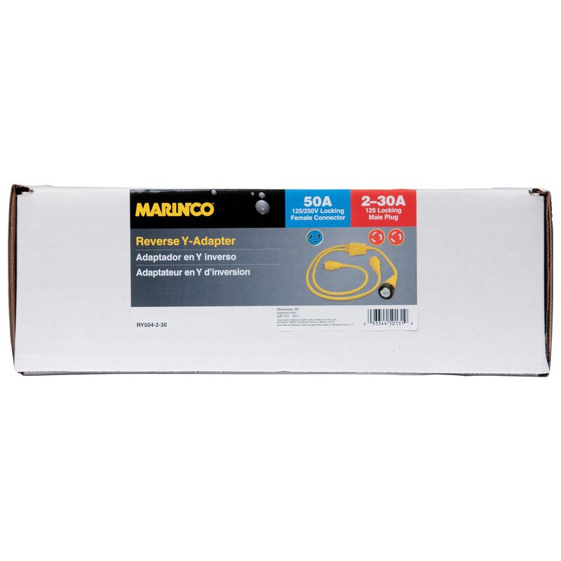 MARINCO 10072957  Reverse Y-Adapter, 2-30A 125V Male to 50A 125/250V Female