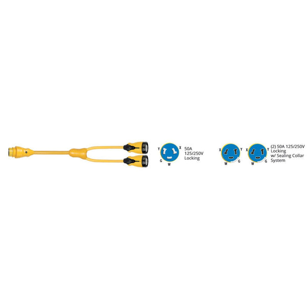 MARINCO 12998456 EEL Y Adapter, 50A 125/250V Male to 2-50A 125/250V Females